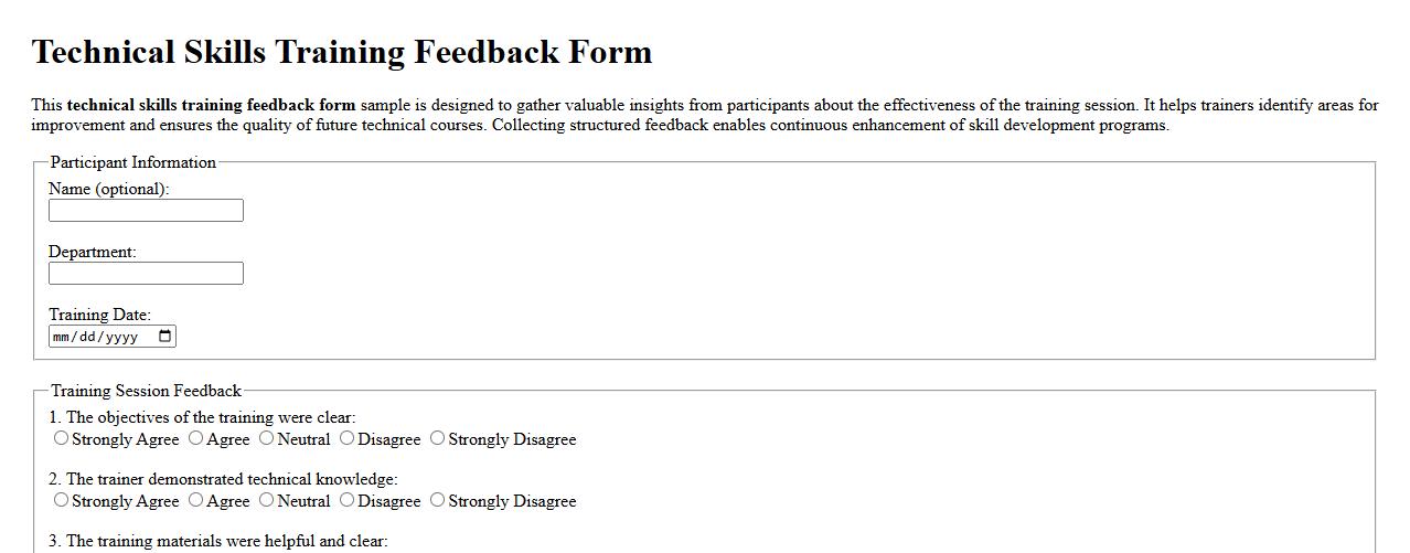 Technical skills training feedback form sample image preview