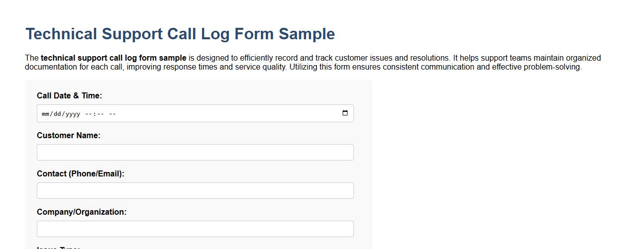 technical support call log form sample image preview