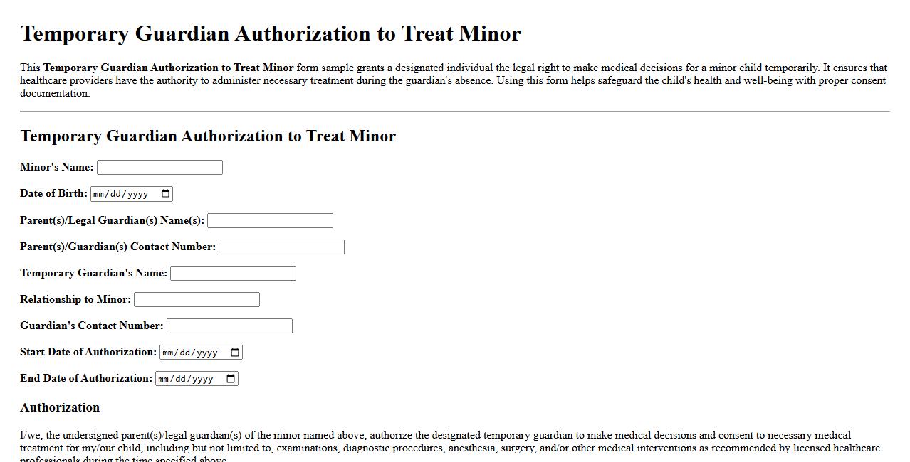 Temporary guardian authorization to treat minor form sample image preview