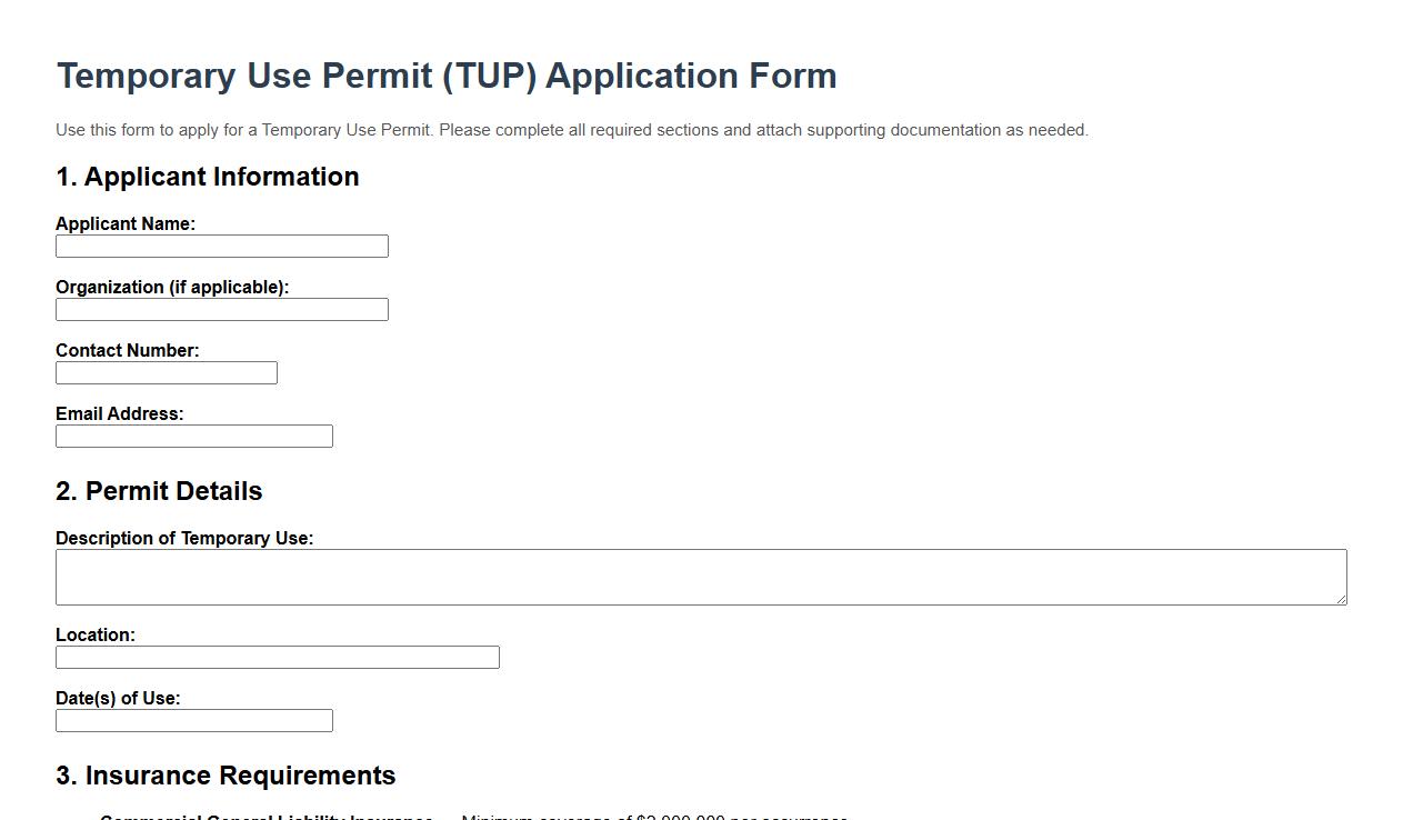 Temporary Use Permit form sample including insurance requirements image preview