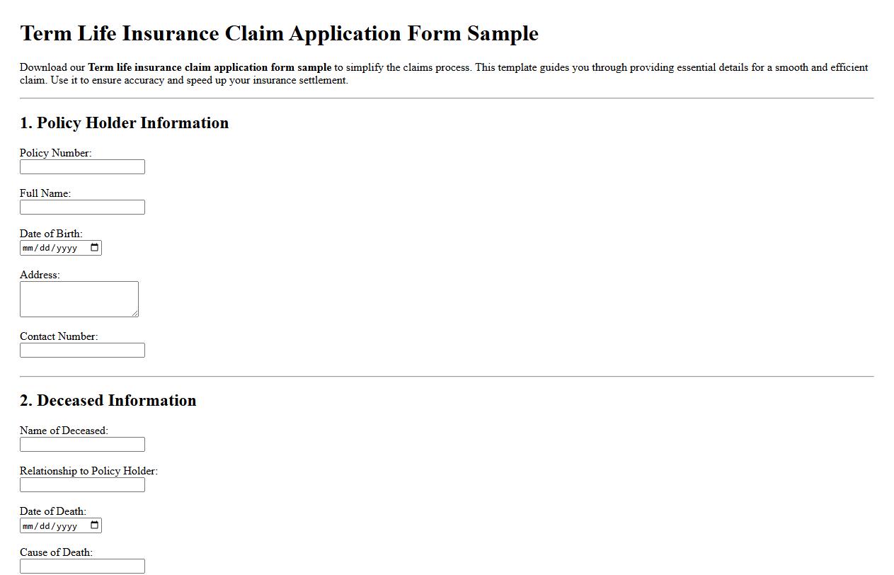 Term life insurance claim application form sample image preview