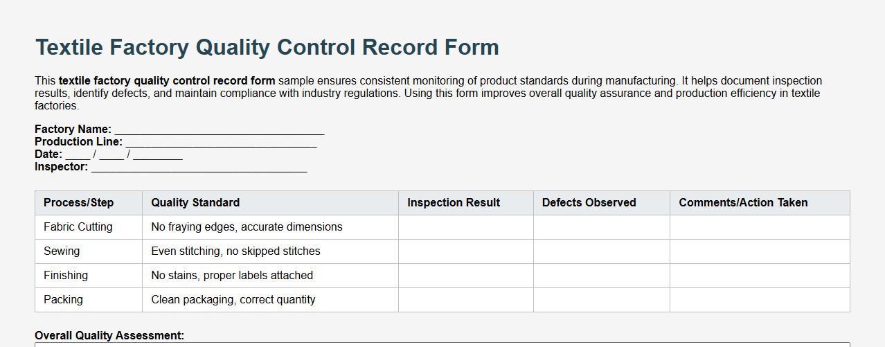 Textile factory quality control record form sample image preview