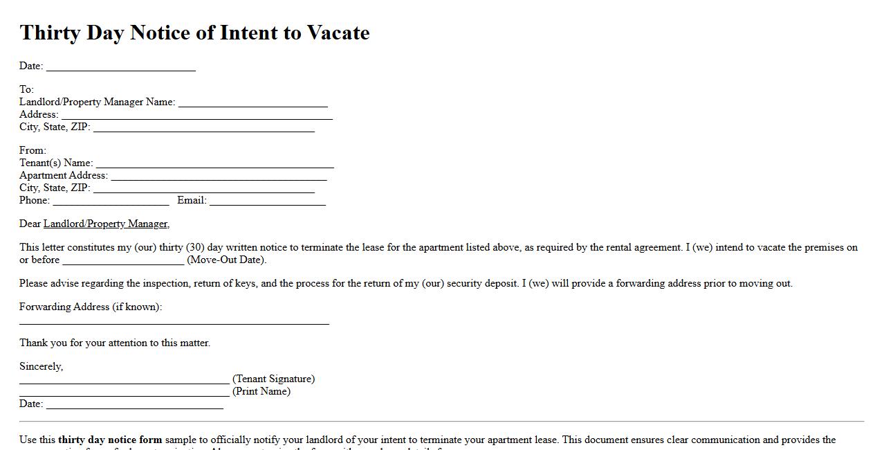 thirty day notice form sample for apartment lease termination image preview