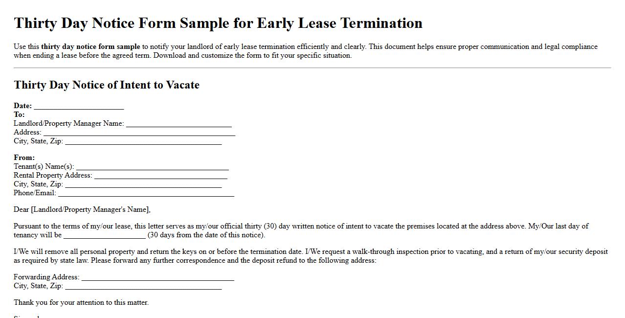 thirty day notice form sample for early lease termination image preview