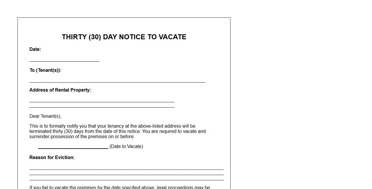 thirty day notice form sample for eviction by landlord image preview