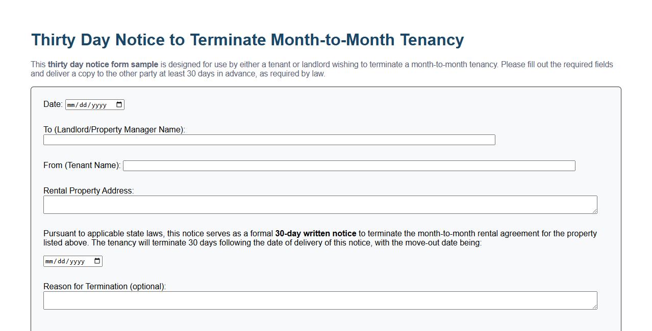 thirty day notice form sample for month-to-month tenancy image preview