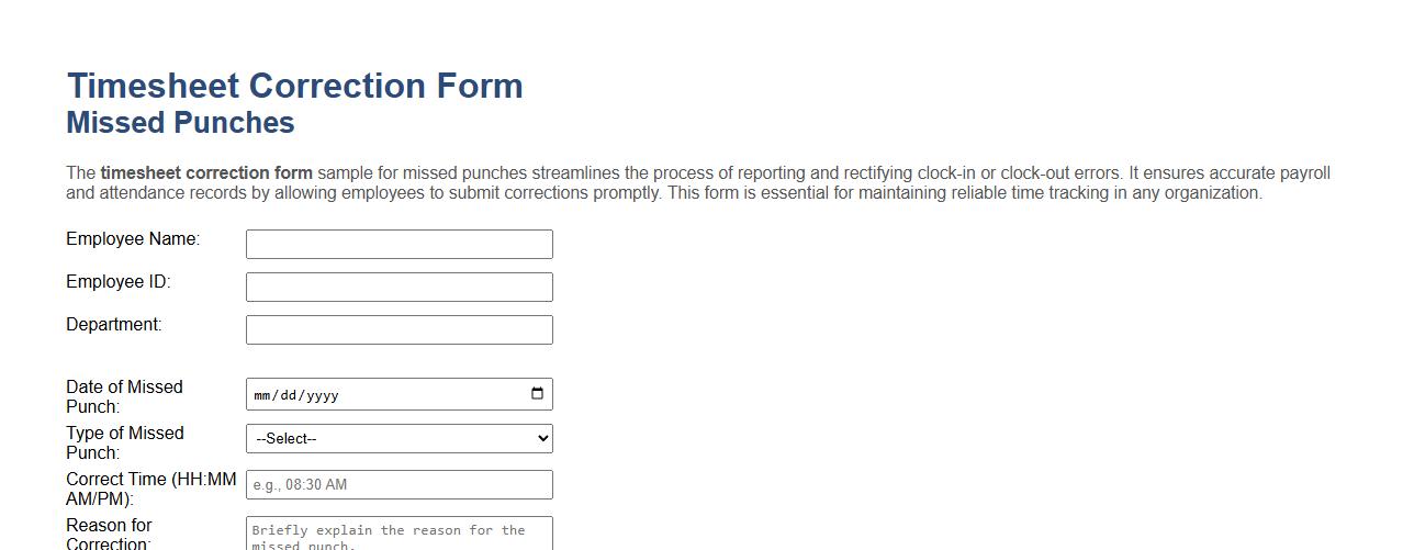 Timesheet correction form sample for missed punches image preview