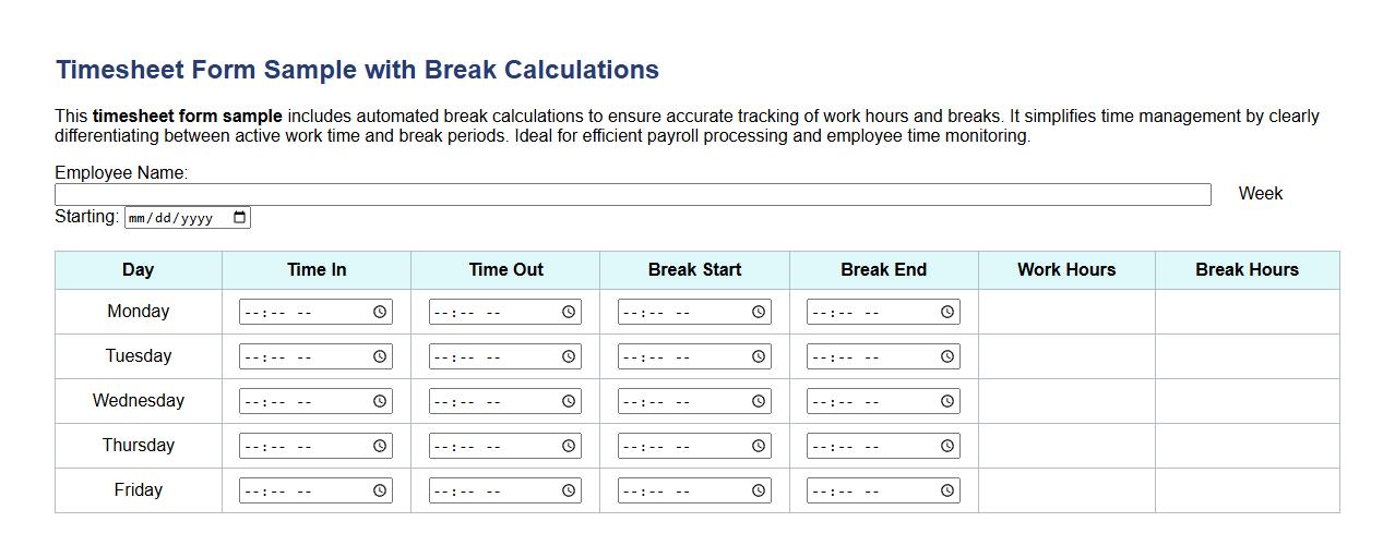 Timesheet form sample with break calculations image preview
