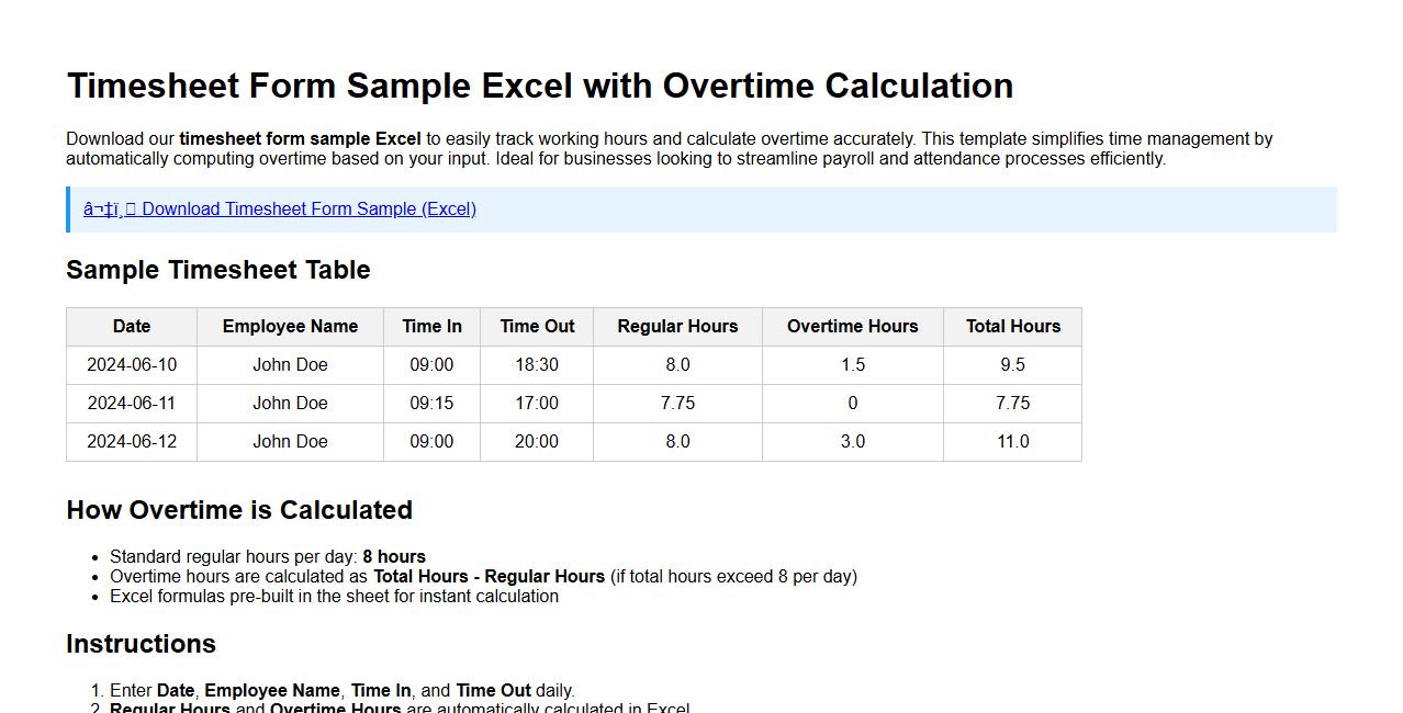 timesheet form sample excel with overtime calculation image preview