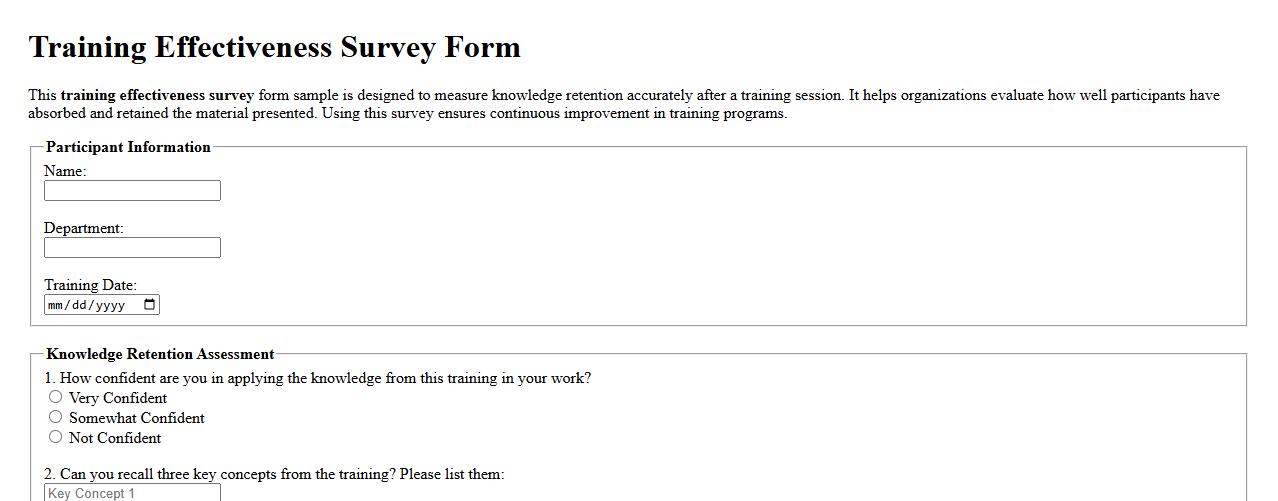 Training effectiveness survey form sample measuring knowledge retention image preview