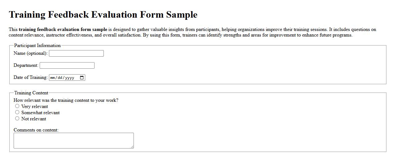Training feedback evaluation form sample image preview