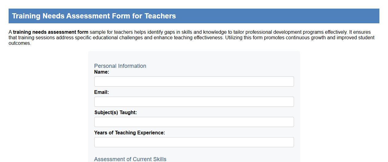 Training needs assessment form sample for teachers image preview