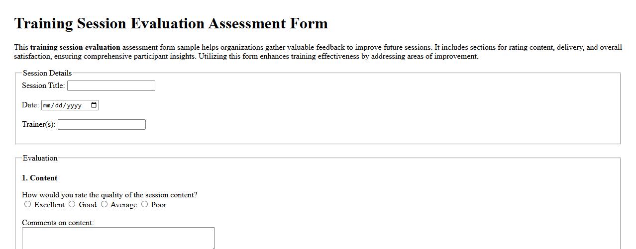 Training session evaluation assessment form sample image preview