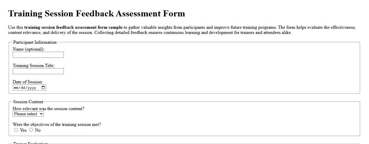 training session feedback assessment form sample image preview