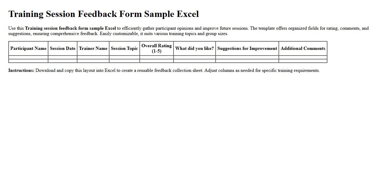 Training session feedback form sample Excel image preview