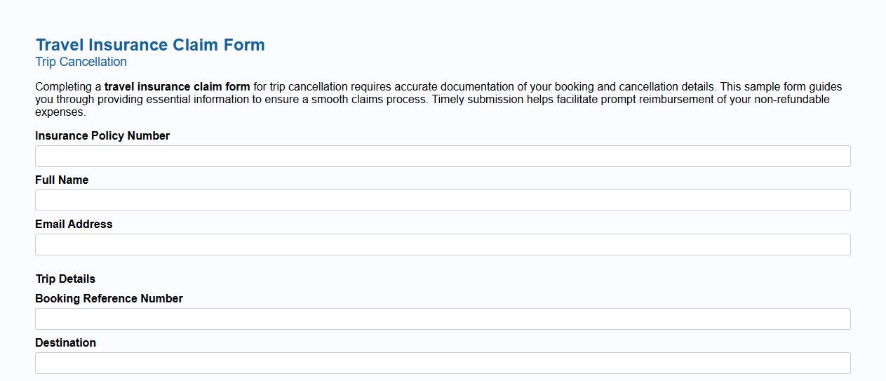 Travel insurance claim form sample for trip cancellation image preview