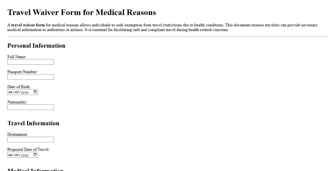 travel waiver form sample for medical reasons image preview