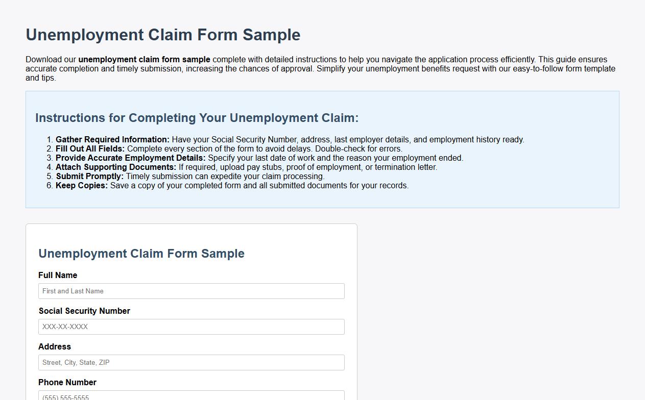 Unemployment claim form sample with detailed instructions image preview