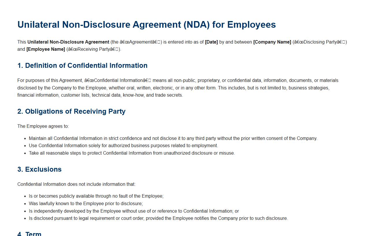 unilateral NDA contract form sample for employees image preview