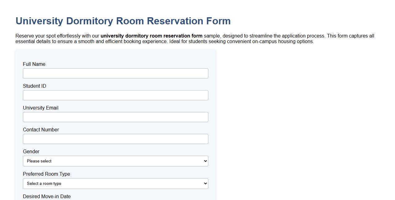 University dormitory room reservation form sample image preview