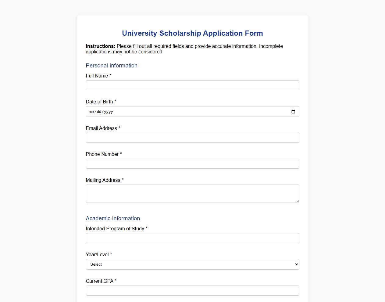 university scholarship application form sample template image preview