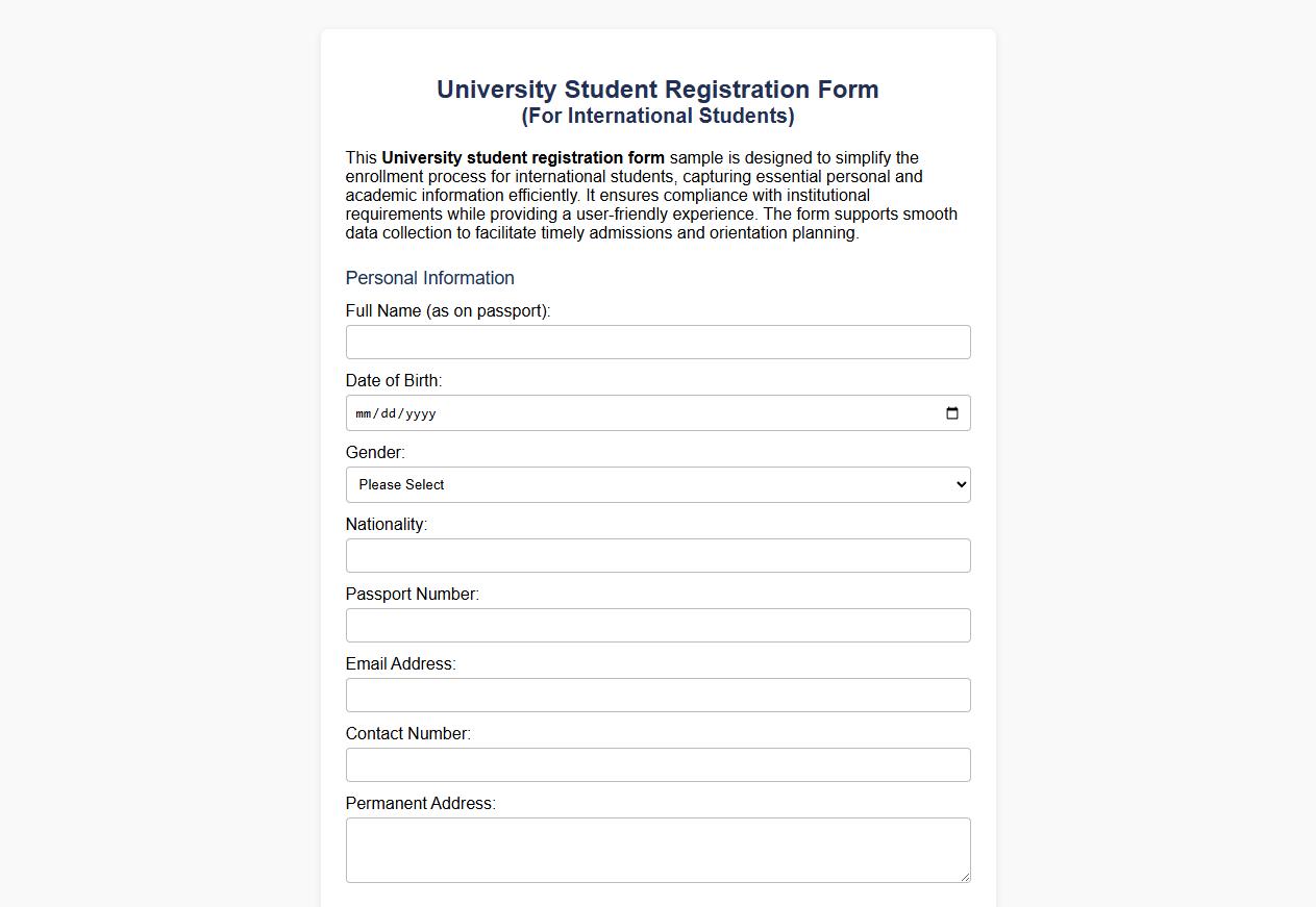 University student registration form sample for international students image preview
