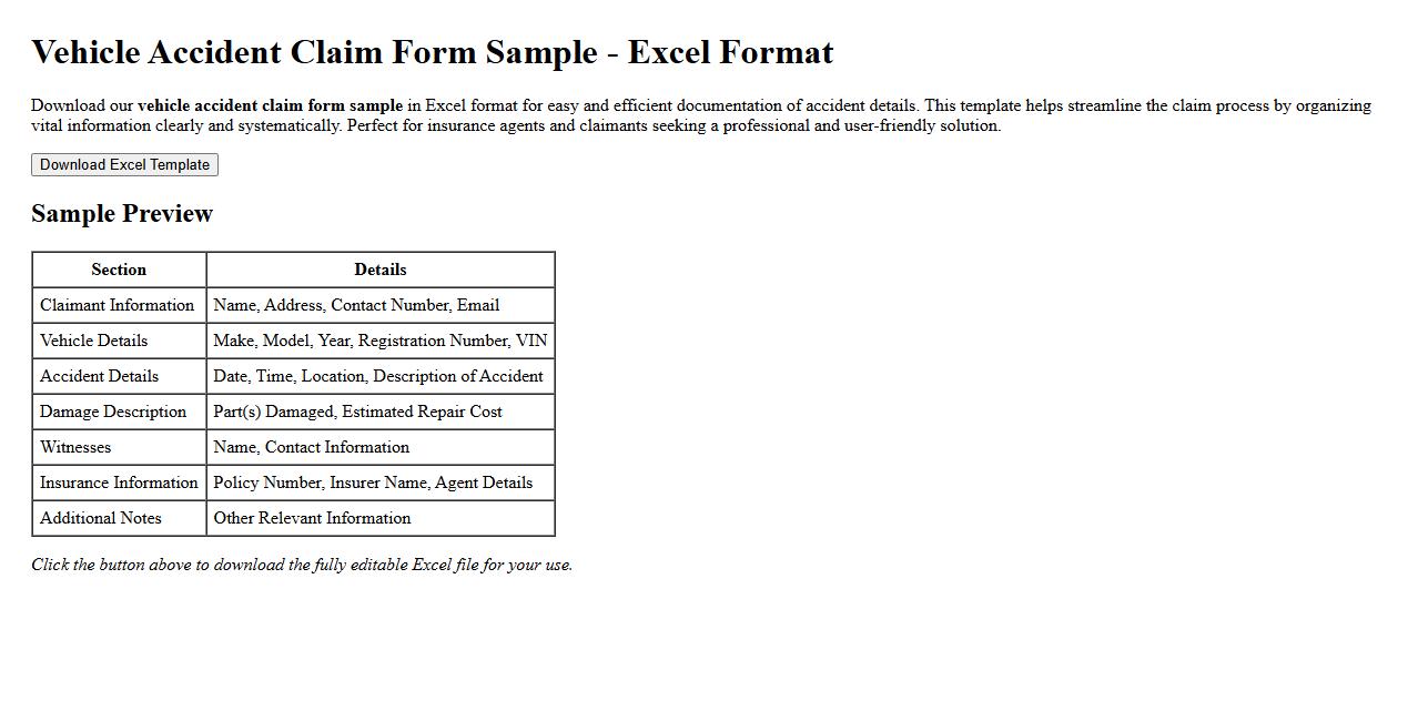 vehicle accident claim form sample excel file image preview