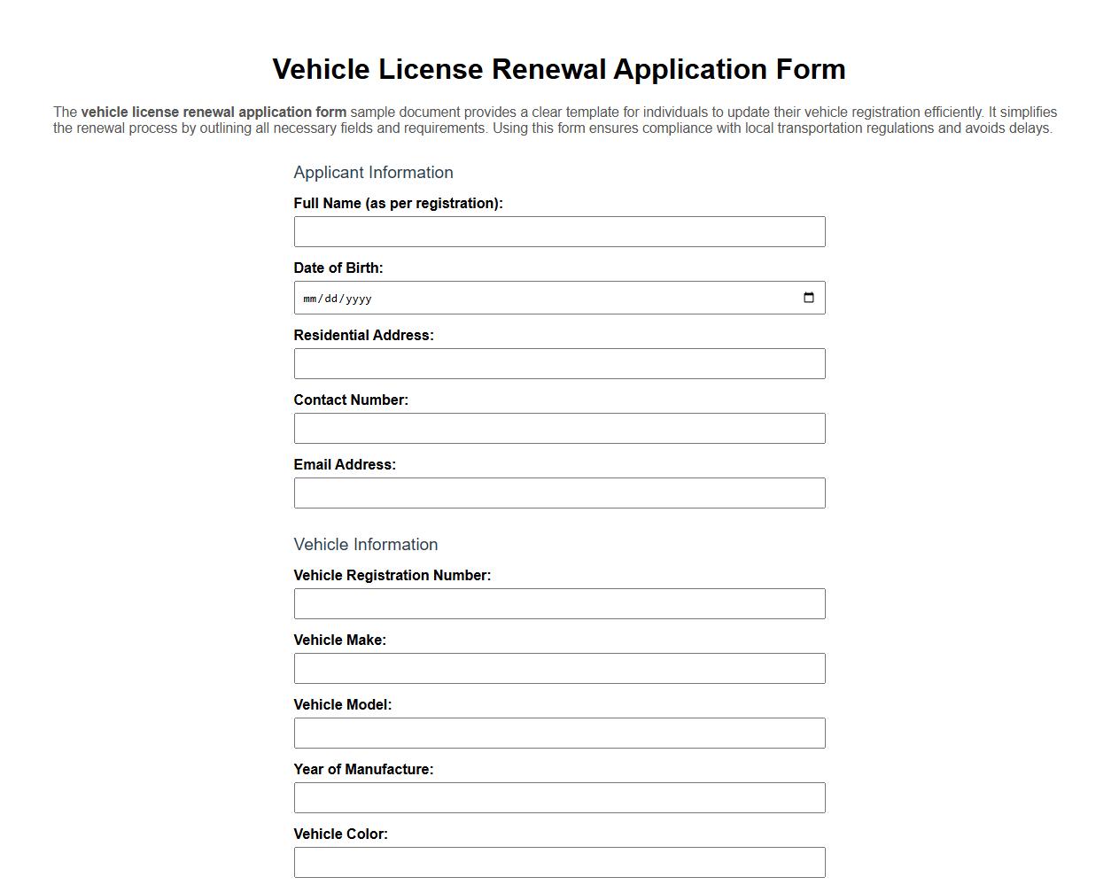 Vehicle license renewal application form sample document image preview