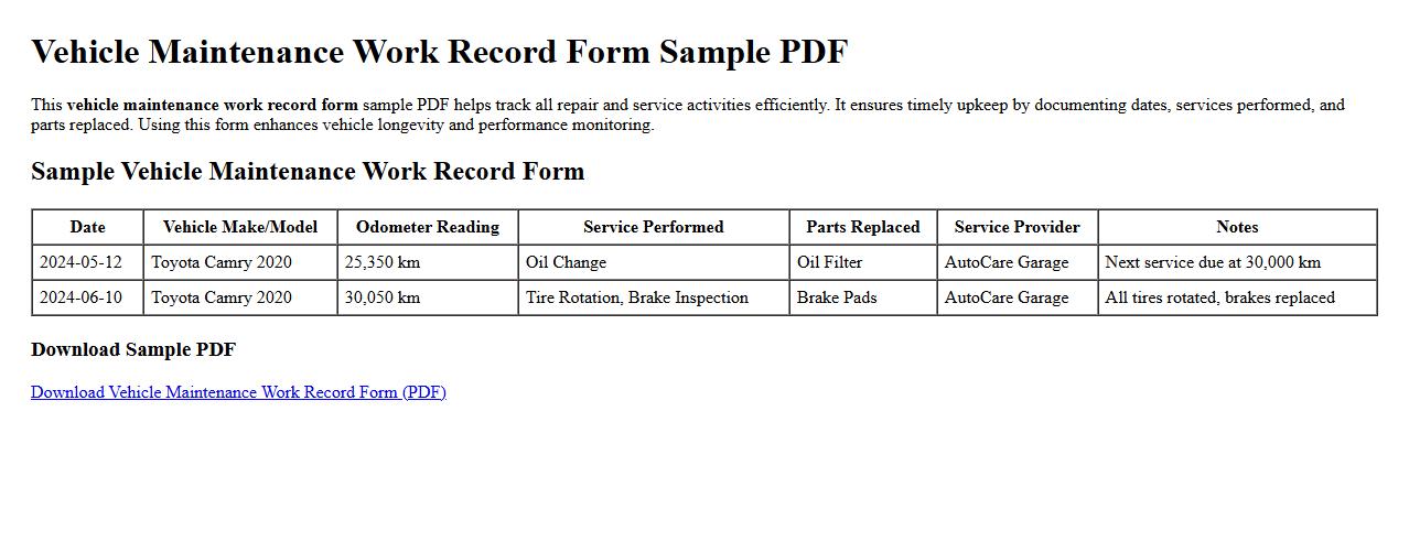 vehicle maintenance work record form sample pdf image preview