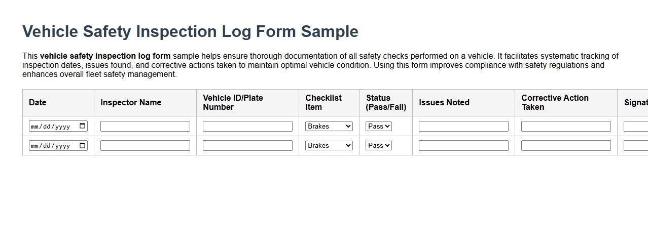 vehicle safety inspection log form sample image preview