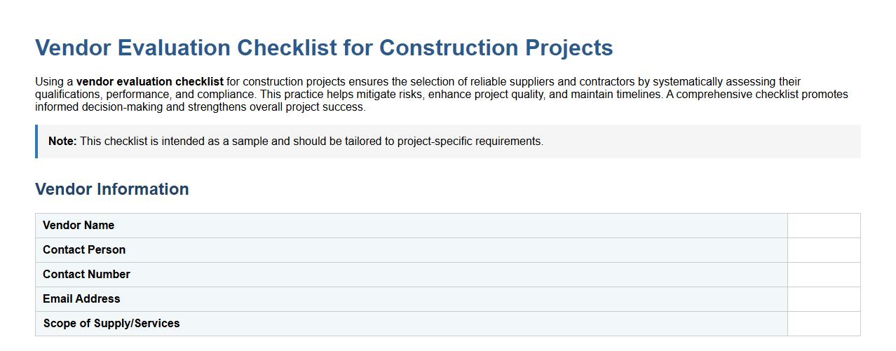 vendor evaluation checklist for construction projects image preview