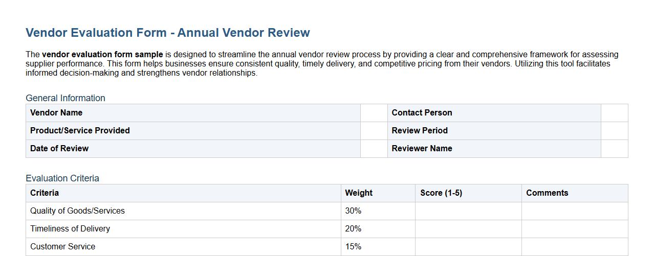vendor evaluation form sample for annual vendor review image preview