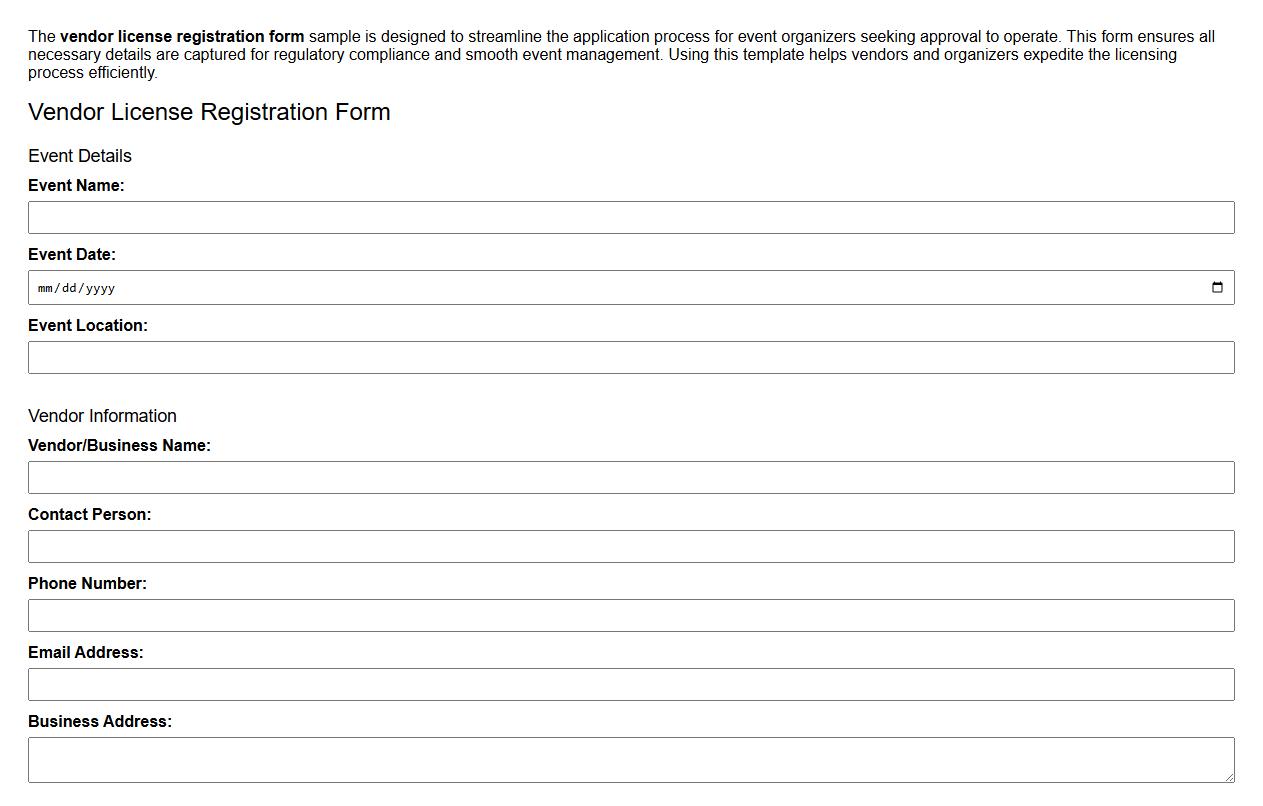 vendor license registration form sample for event organizers image preview