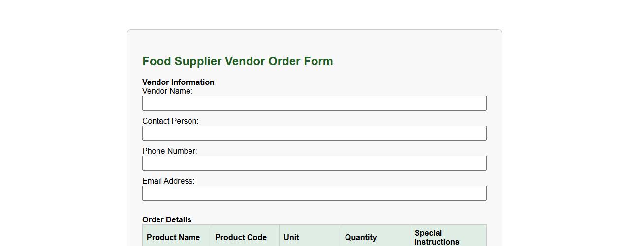 vendor order form sample for food suppliers image preview