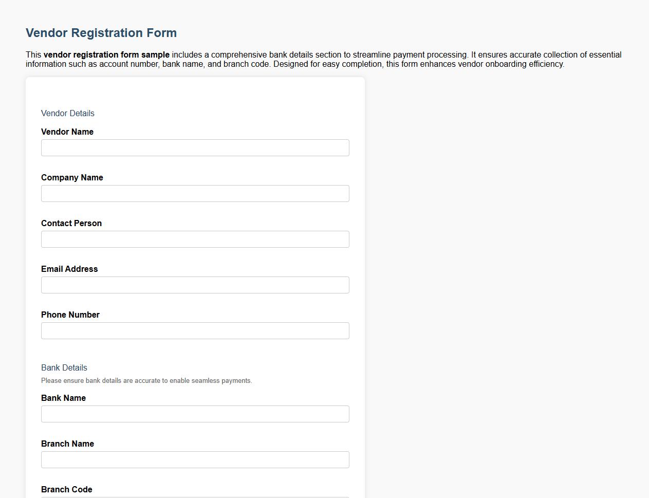 Vendor registration form sample with bank details section image preview