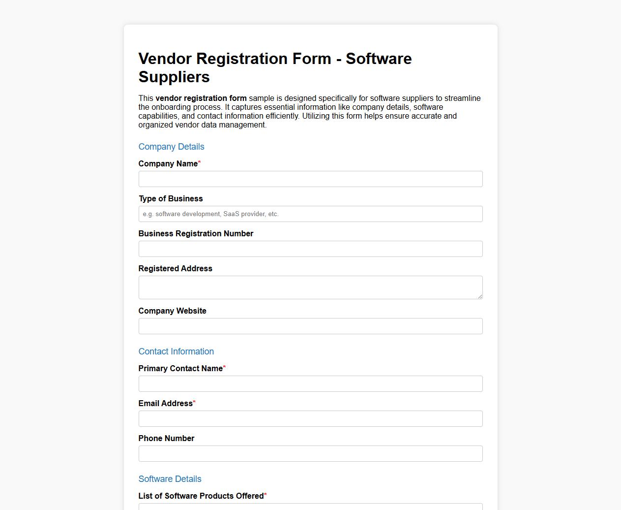 Vendor registration form sample for software suppliers image preview