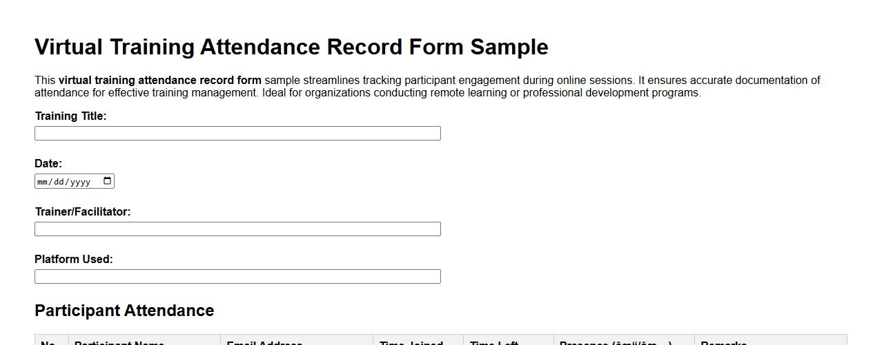Virtual training attendance record form sample image preview
