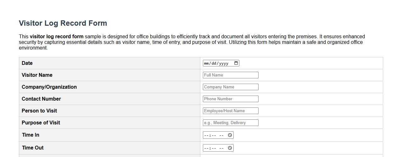 visitor log record form sample for office building image preview