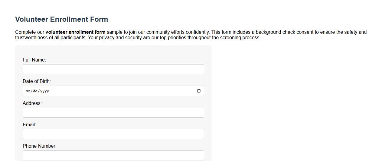 Volunteer enrollment form sample with background check consent image preview