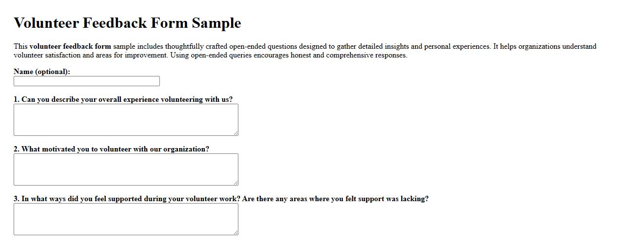 Volunteer feedback form sample with open-ended questions image preview