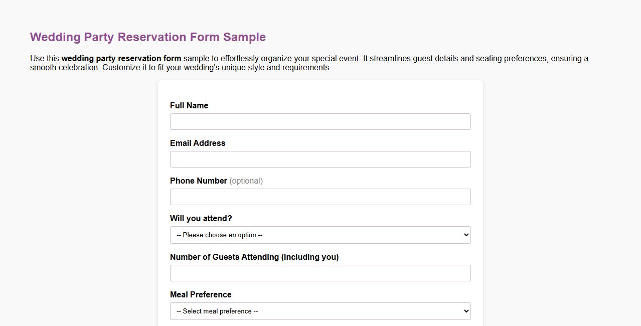 Wedding party reservation form sample image preview