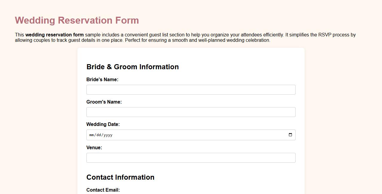 Wedding reservation form sample with guest list section image preview