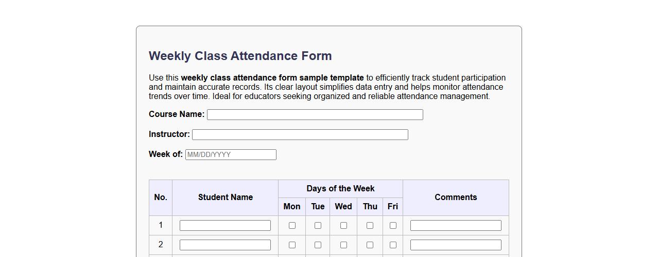 weekly class attendance form sample template image preview