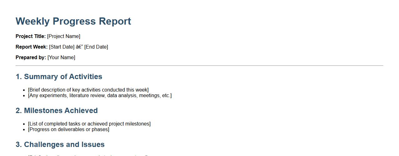 Weekly progress report example for research projects image preview