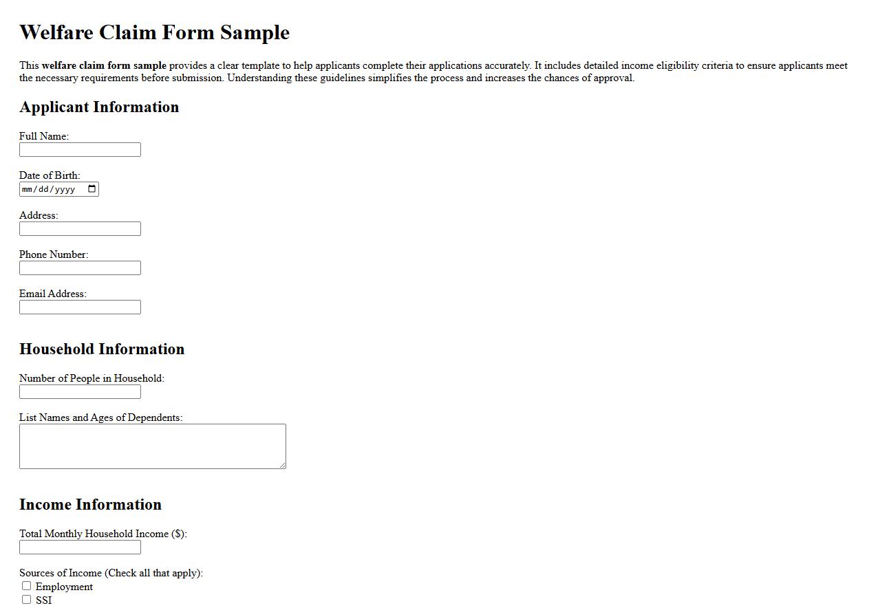 welfare claim form sample with income eligibility criteria image preview