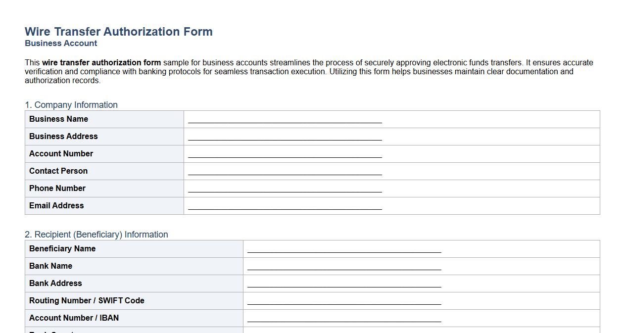 wire transfer authorization form sample for business account image preview