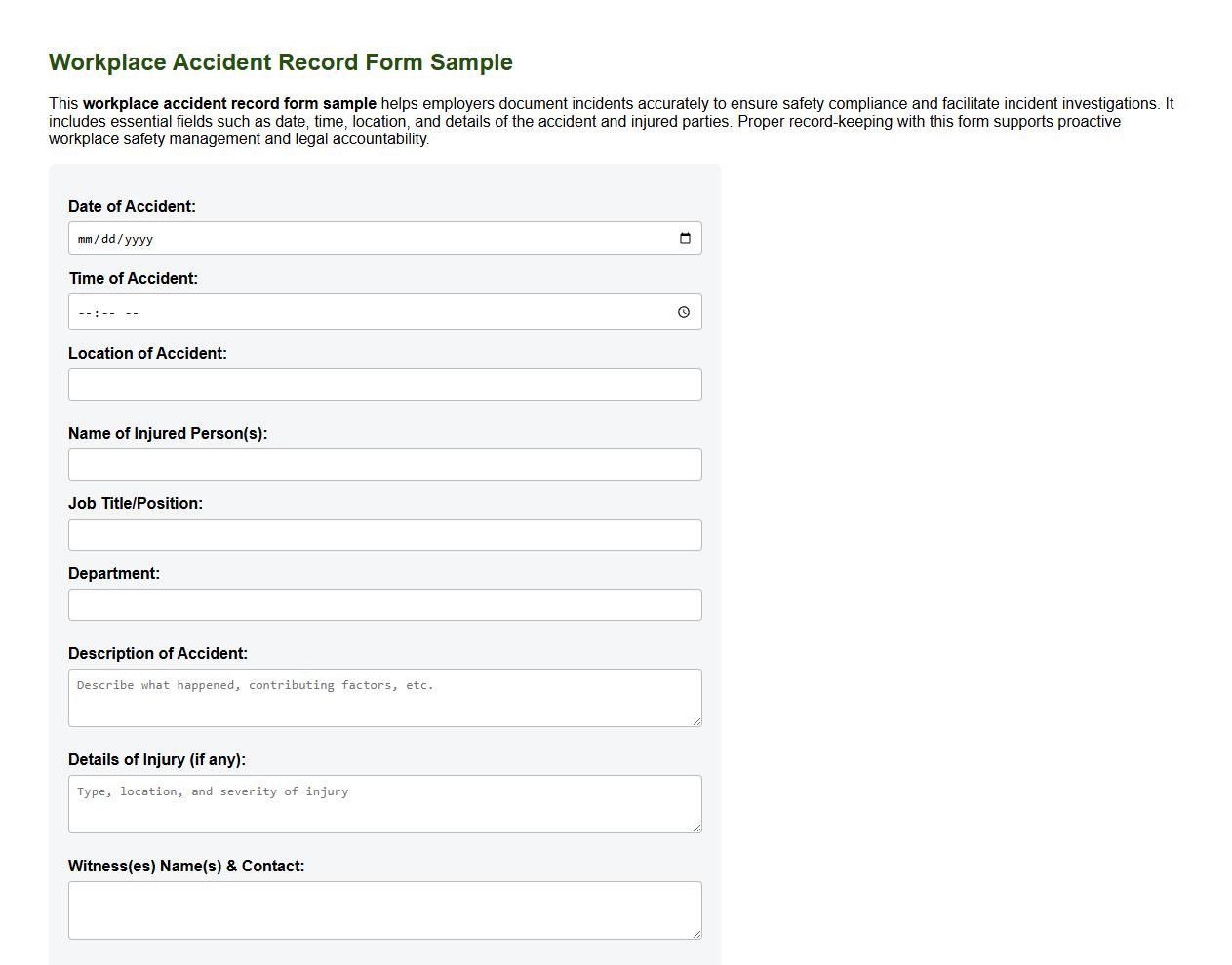 workplace accident record form sample image preview