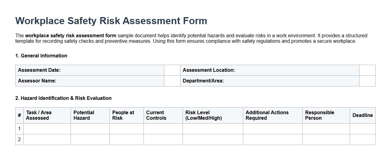 workplace safety risk assessment form sample doc image preview