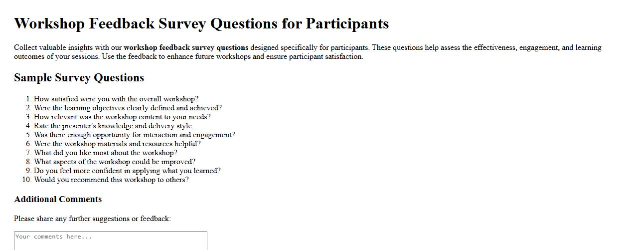 Workshop feedback survey questions for participants image preview