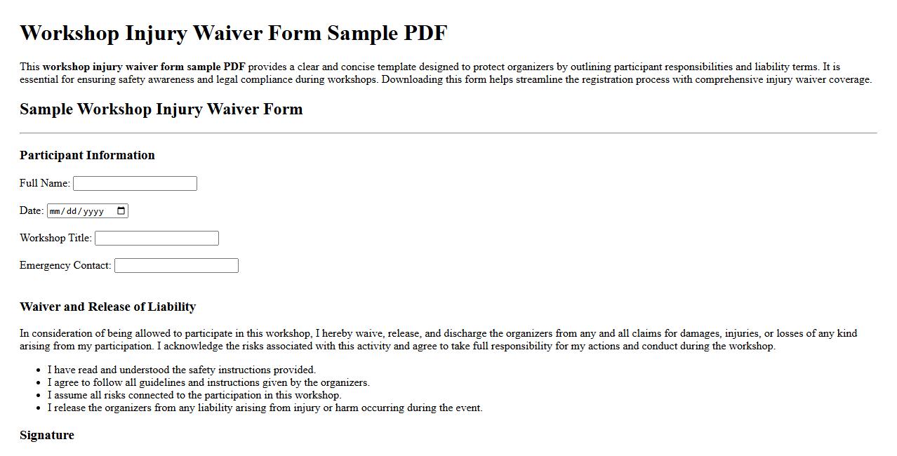 workshop injury waiver form sample PDF image preview